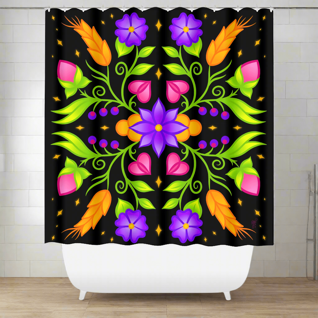 Neon Night Ojibwe Floral Shower Curtain - Bizaanide'ewin